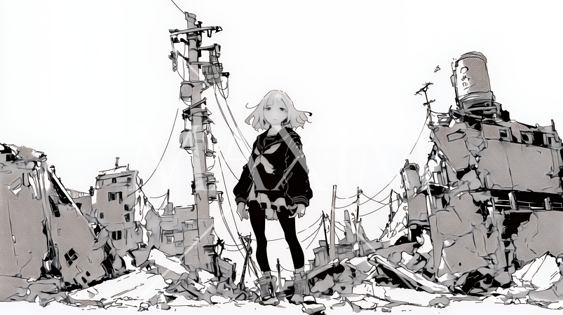 震災や空爆などで破壊された街で孤独に立ちすくむ若い女性（シンプルな色合い）