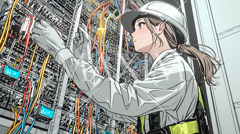 配線工事をしている女性作業員