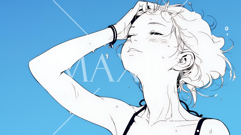 強烈な日差しでヘトヘト状態の女性（シンプルな色使い）