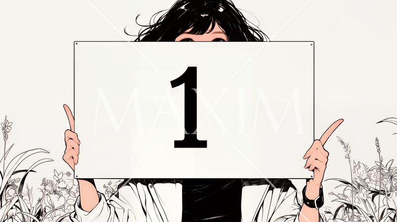 数字の「1」を掲げている若い女性（シンプルな色使い）