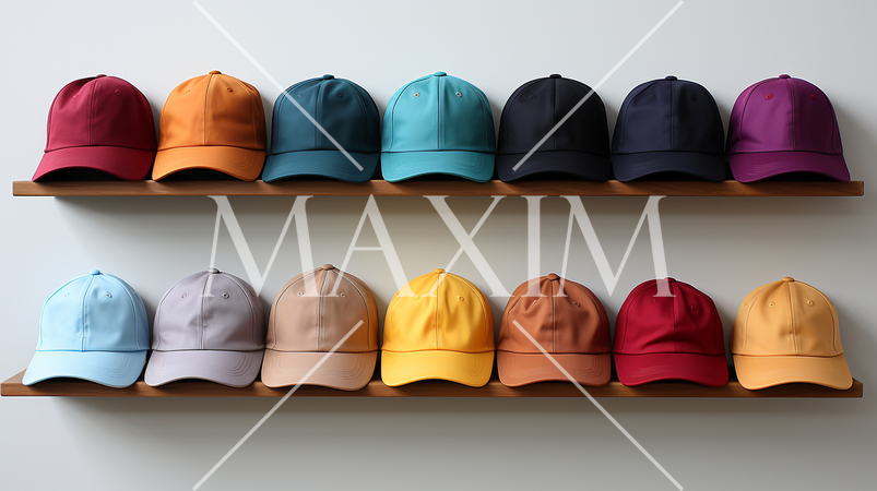 様々な色のキャップが壁に掛かっている背景画