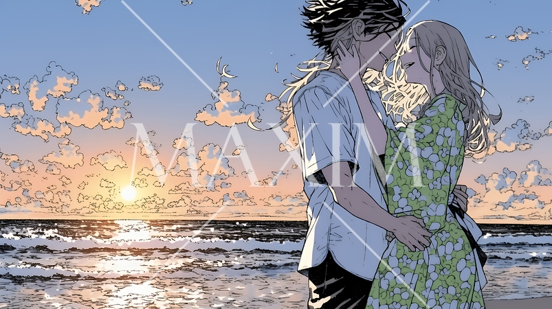 夕方の海辺でハグする（抱き合う）若い恋人たち