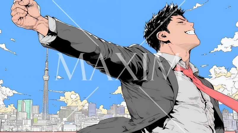 ガッツポーズ（拳を握って力強く）をしているビジネスマン