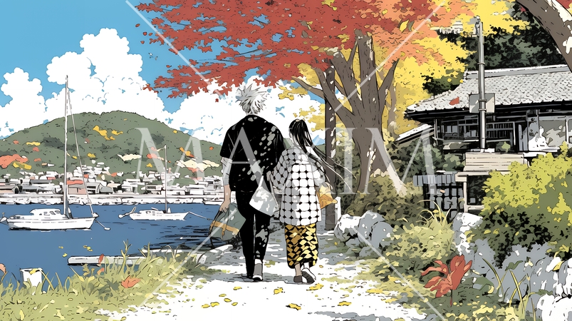 旅先で紅葉観光をしている若いカップル