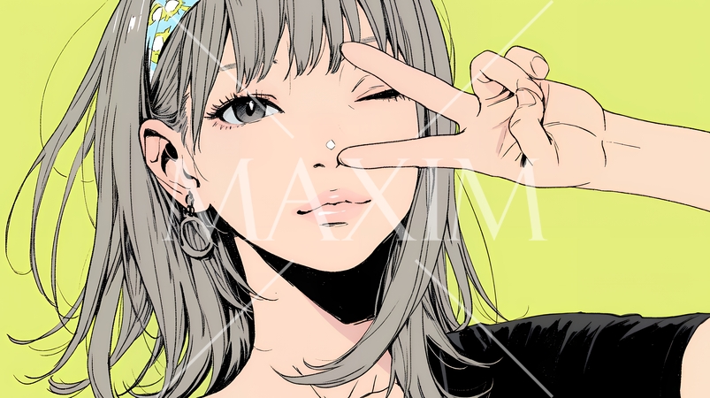 アイドルのように顔の横でピース＋ウィンクしている若い女性