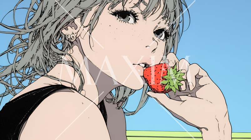 イチゴを摘んで食べている若い女性