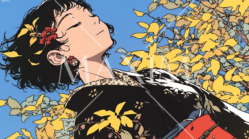 紅葉に包まれた中、着物を纏った若い女性が佇んでいる