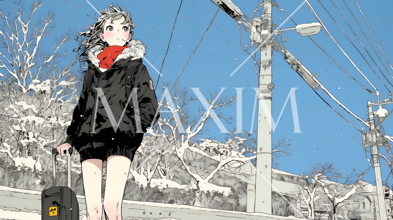 冬枯れの街を歩く若い女性