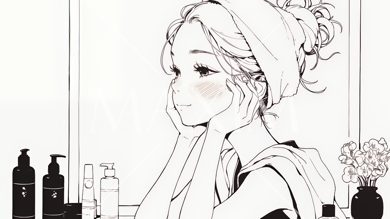 スキンケアを念入りに行う若い女性（シンプルな色使い）