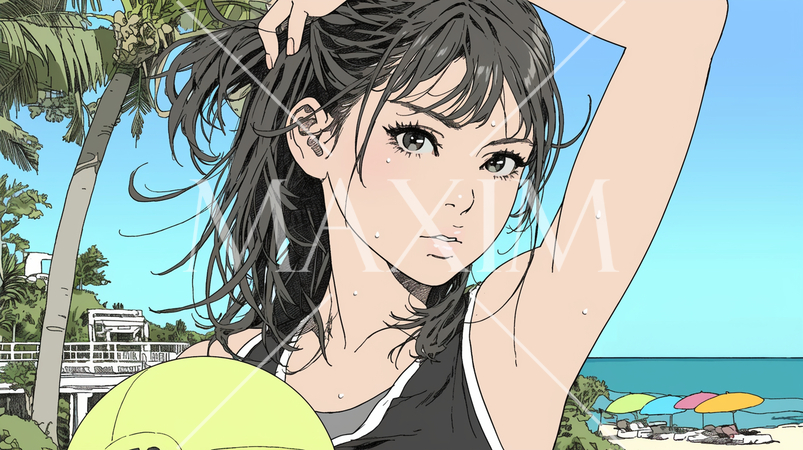 南国の海岸にビキニ姿でいる若い女性