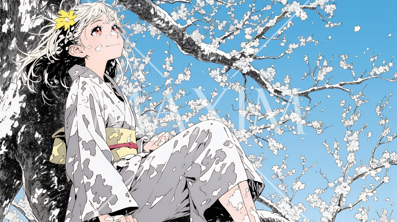 満開の梅の花と和服姿の若い女性