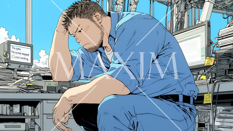 技術的な問題に直面し、肩をすくめて困惑している技術者