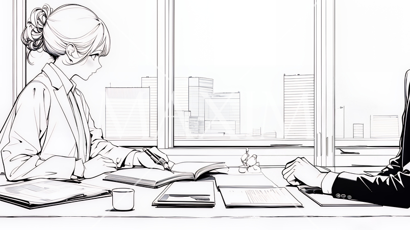 業績ヒアリングを受けている女性スタッフ（シンプルな色使い）