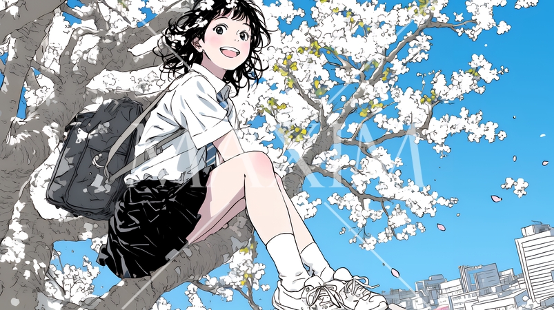 満開の桜の木の下を歩く制服姿の女子高生