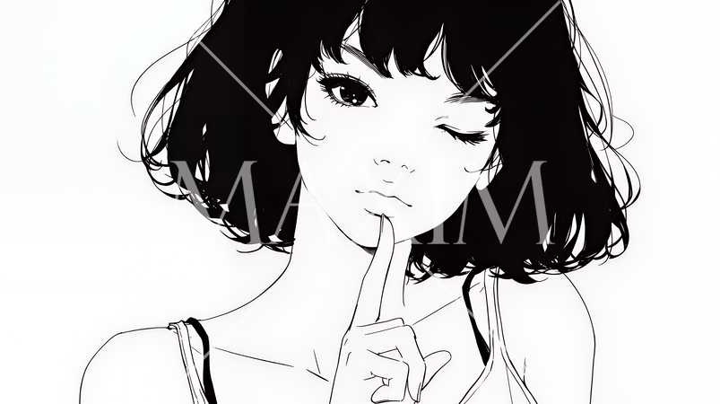 指を唇に当てて「シーShh」というジェスチャーをしている女性（シンプルな色使い）