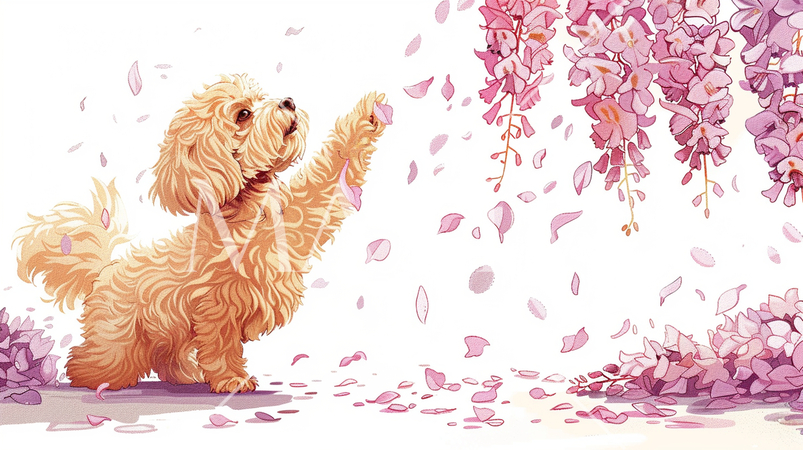 トイプードルと散りゆく藤の花：鉛筆＋水彩