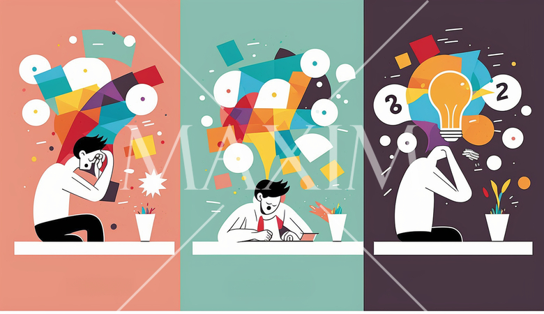 仕事の問題解決：問題解決のシーン、アイデアを出すプロセス。