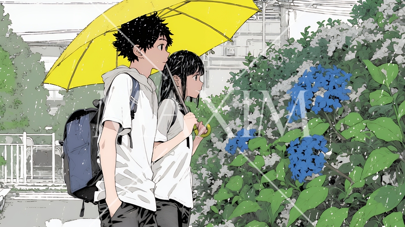 満開のあじさいの中を仲良く相合い傘で歩く若いカップル