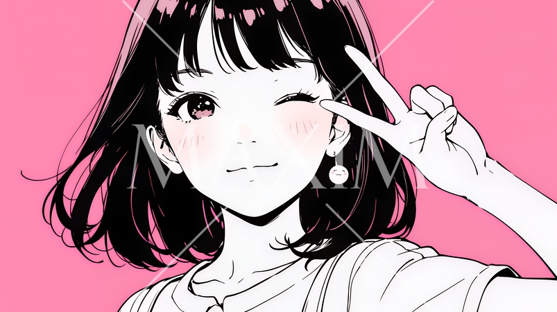 アイドルのように顔の横でピース＋ウィンクしている若い女性（シンプルな色使い）