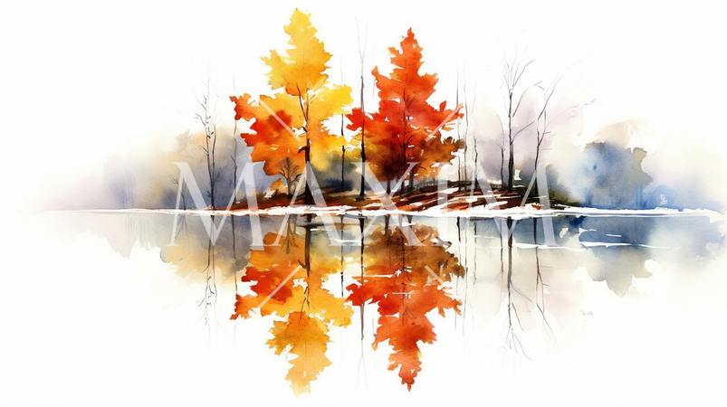 水面から見た紅葉：水彩画