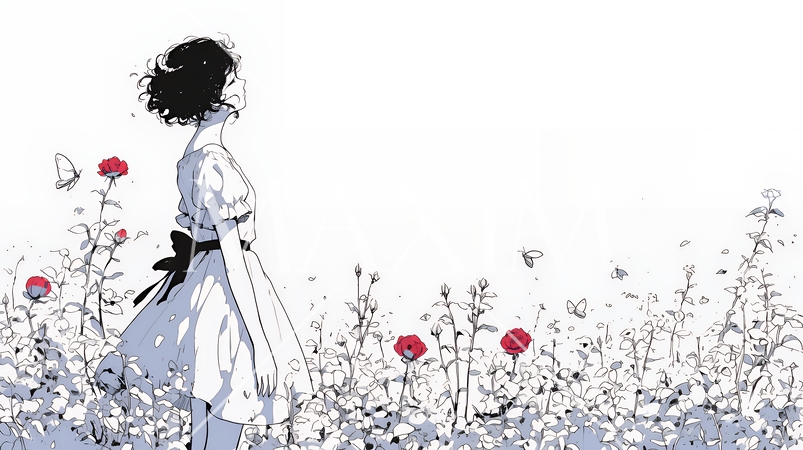 バラ園を散策している若い女性（シンプルな色使い）