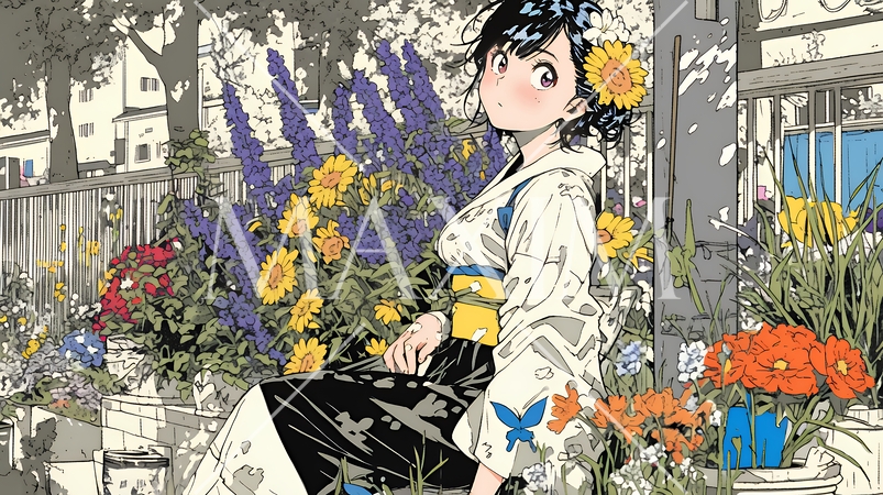 満開の春の花々と若い女性