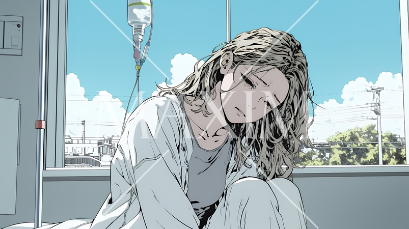 病院のベッドに腰掛けて気落ちしている女性