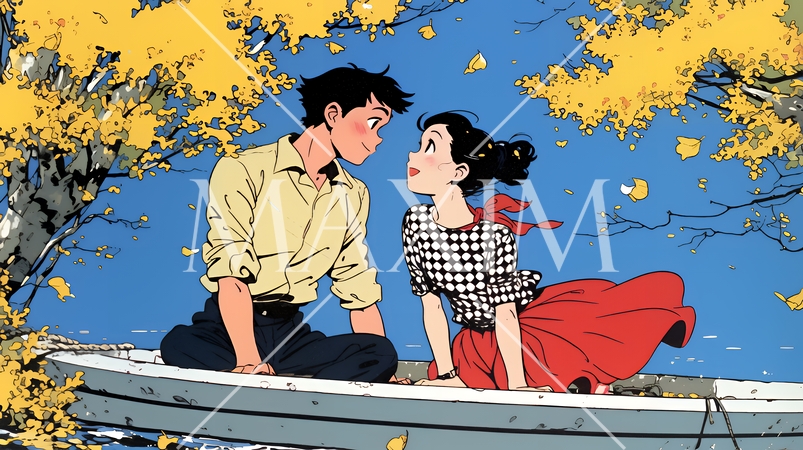 紅葉の湖でボートに乗っている若いカップル