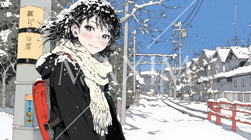 雪の日に通学する女子高生