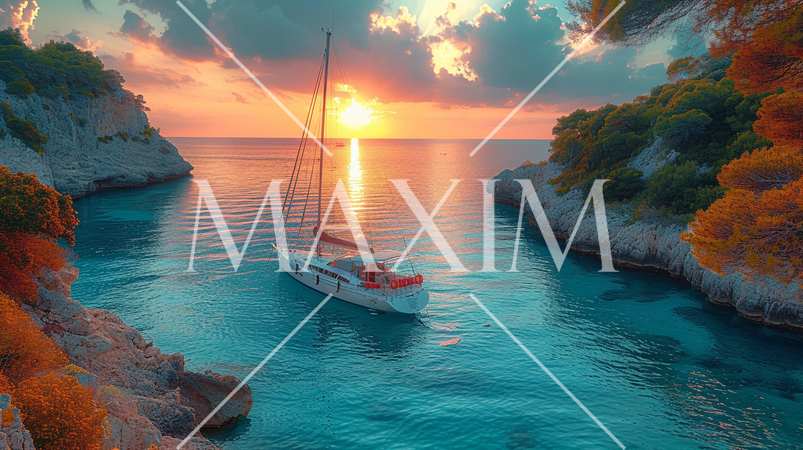 南洋の孤島とヨットと夕日：精緻CG