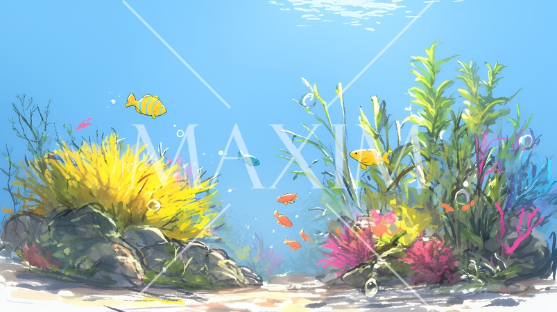 沖縄の海の中のイメージ（クレヨン＋水彩画風）