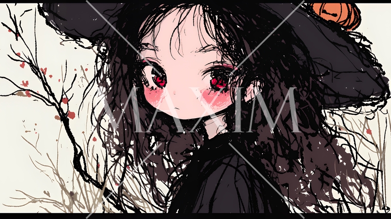 キモかわいいハロウィーンコスプレの女の子（クレヨンと水彩画風）