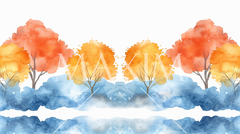 秋の紅葉と水面の映り込みの水彩画表現