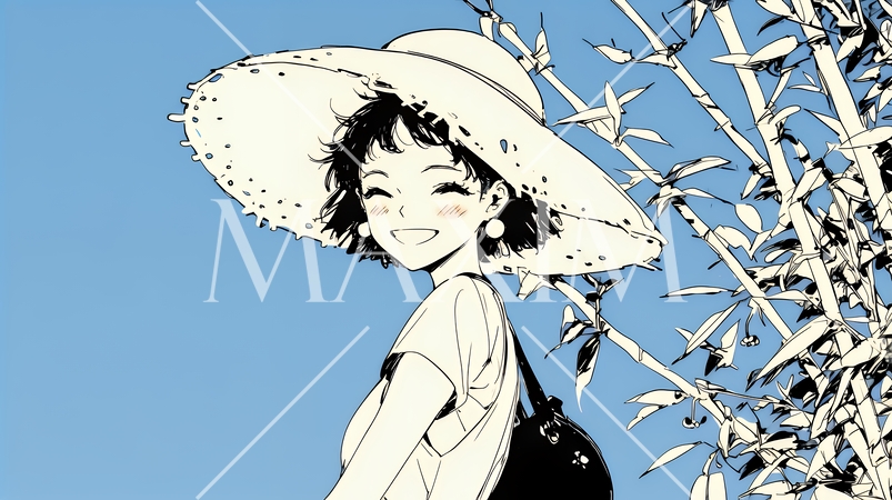 夏休みの思い出：海辺の町への一人旅（シンプルな色使い）