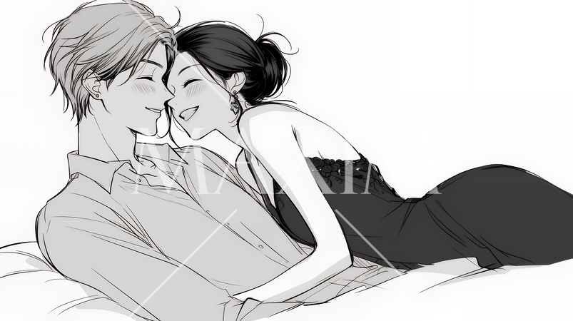 大人の時間：ソファーの上でいちゃついている若い男女（シンプルな色使い）