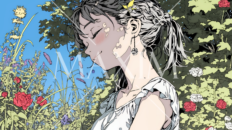 バラ園を散策している若い女性