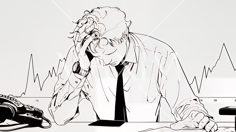 金融市場の急激な変動で頭を抱えている男性（シンプルな色使い）