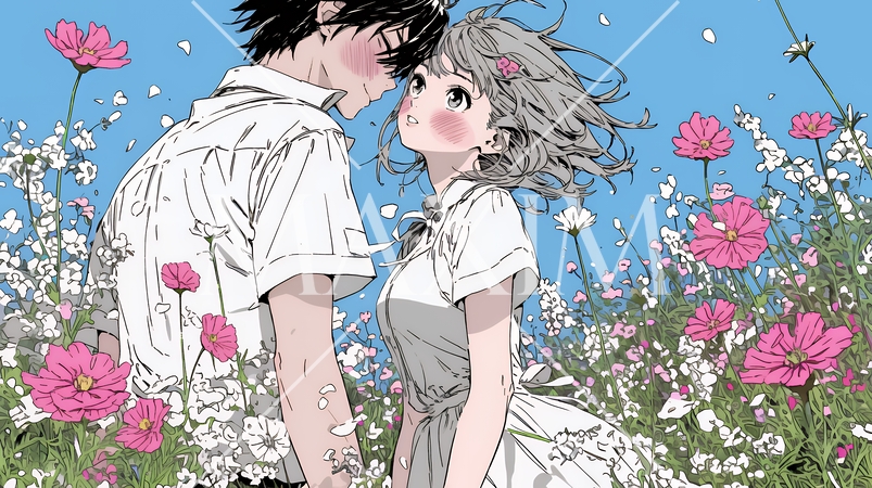 コスモス畑でデートをしている若いカップル