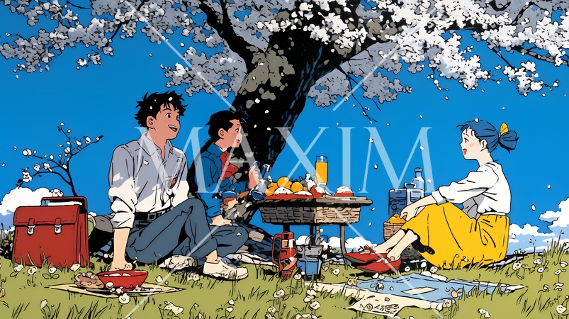 満開の桜の下で仲間たちと花見宴会