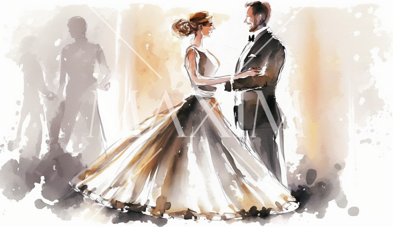 ウェディングダンス： 新郎新婦がボールルームダンスを踊る場面。華やかでロマンチックな雰囲気。