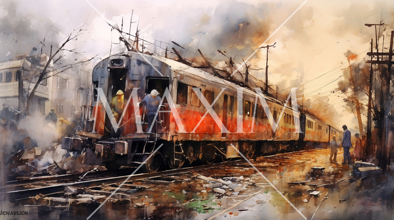 列車事故：列車事故発生直後の水彩画