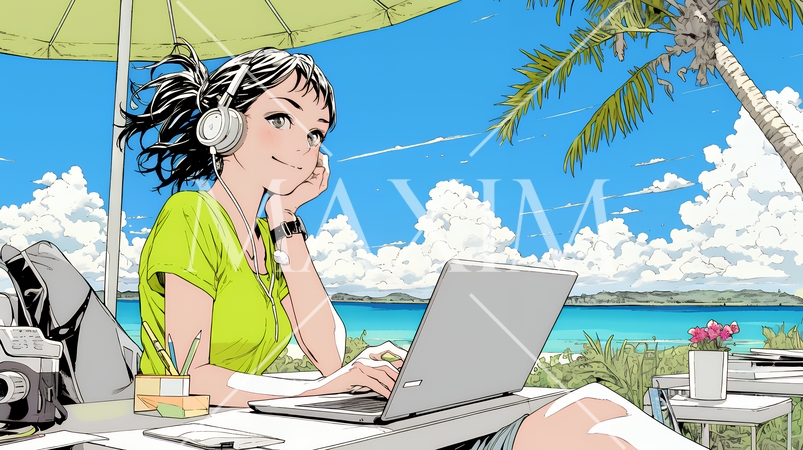 ワーケーション：休暇を楽しみながら仕事をしている女性