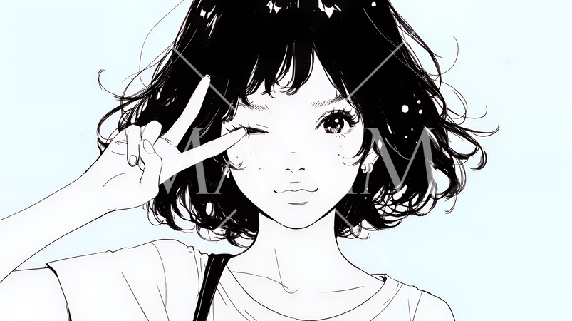 アイドルのように顔の横でピース＋ウィンクしている若い女性（シンプルな色使い）