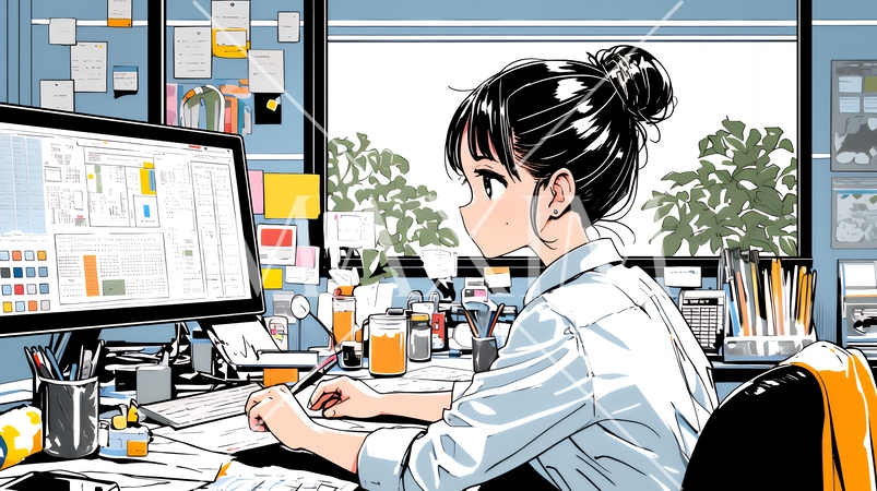 PCで資料作りをしている若い女性