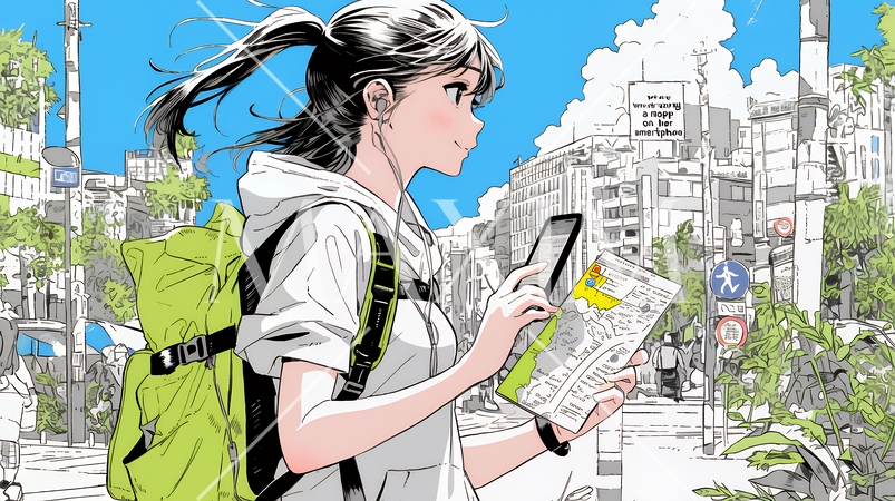 スマホの地図アプルを頼りに目的地に向かって歩いている女性：歩きスマホ