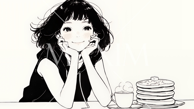 早朝のダイナー（喫茶店）でパンケーキ（モーニングセット）を食べる若い女性（シンプルな色使い）