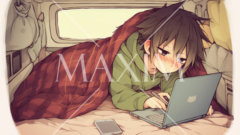 カプセルホテルの中でPCで仕事中の若者