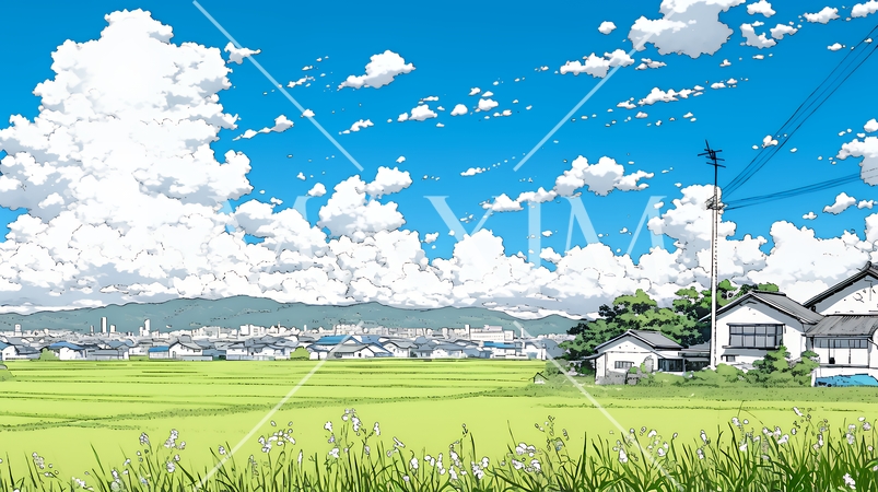 郊外の田園風景と夏空と入道雲