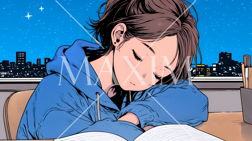 資料（本）を読みながら、うとうと眠ってしまう若い女性