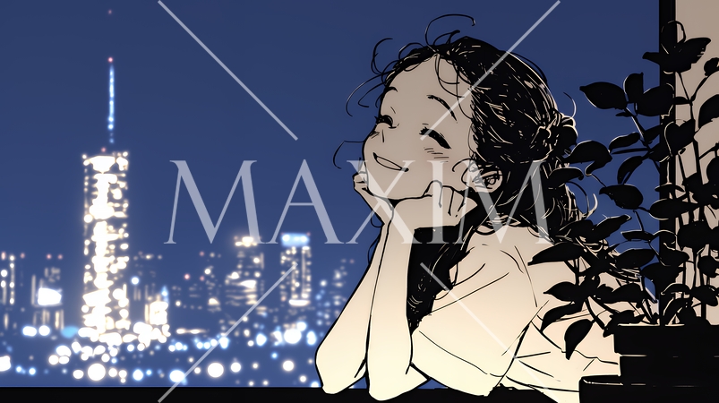 ベランダで夜風に当たりながら都会のランドスケープを眺め休む若い女性（シンプルな色使い）